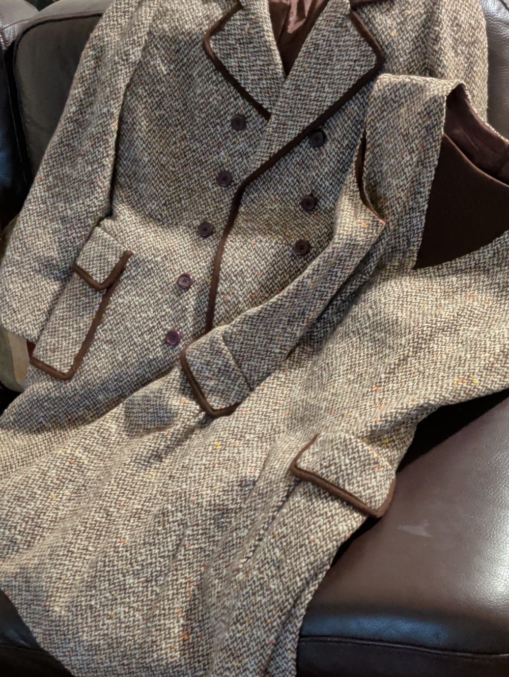 1960's 2 Piece Womens Tweed Double-Breasted Coat with Brown Trim